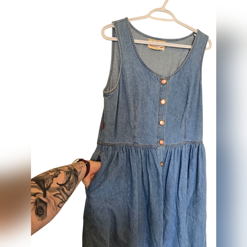 Vintage Blue Denim Button Down Dress With Pockets